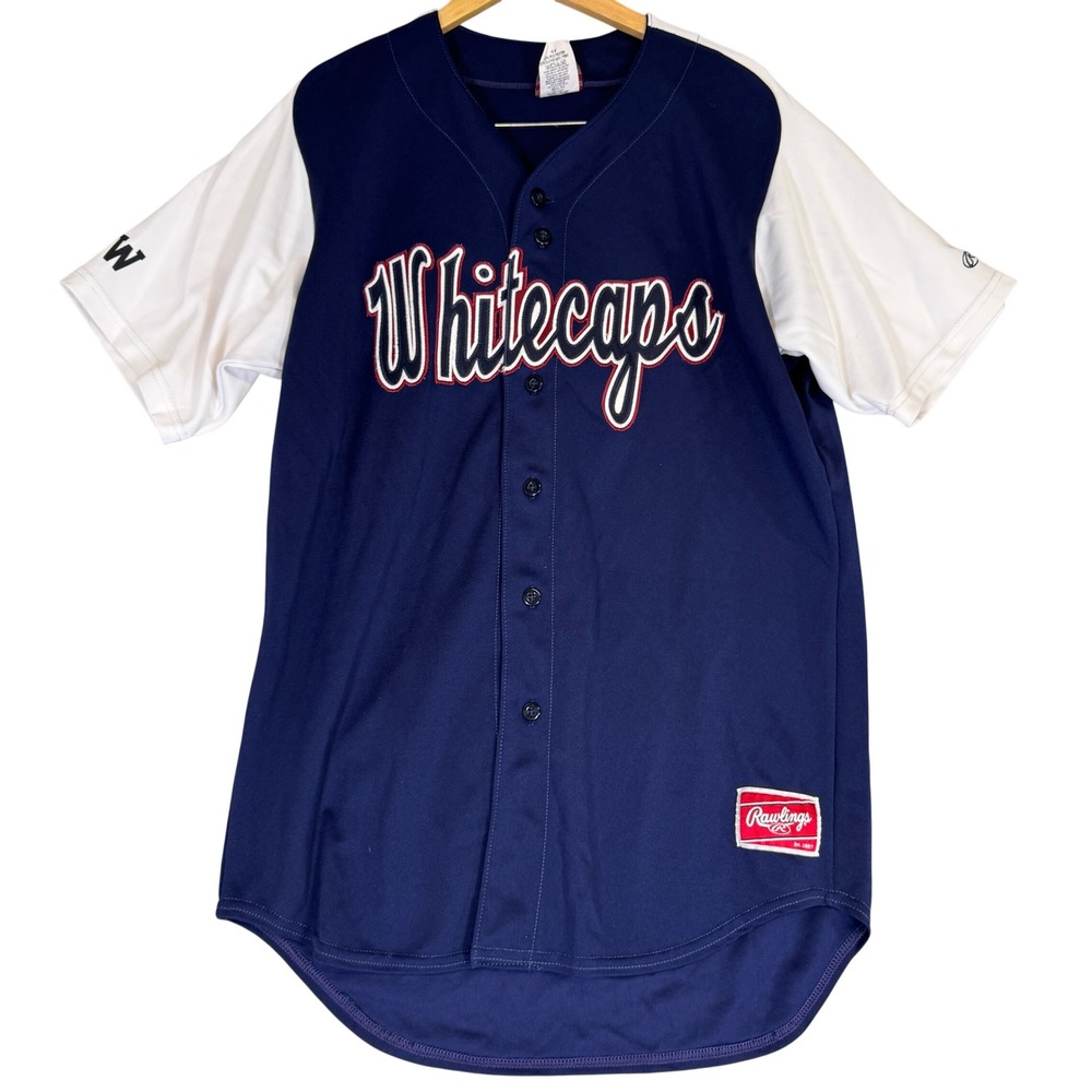 Rawlings Whitecaps Baseball Jersey Navy Blue White Number 16 Mens Size 44 S